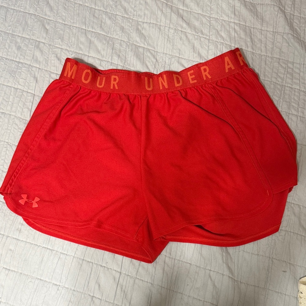 Under Armour Women's Bright Red Athletic Shorts with Branded Waistband